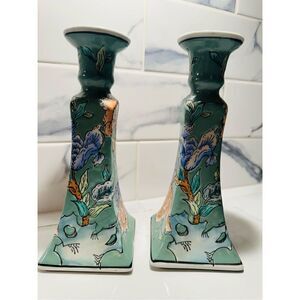 2 Vintage CPC Macau Enamel Floral  Candle Holders